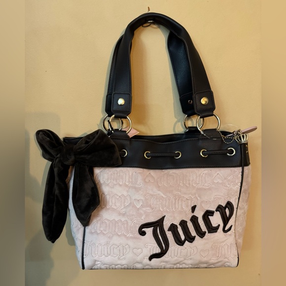 Juicy Couture Blush and Brown Velvet Bow Shoulder Tote - Picture 2 of 12